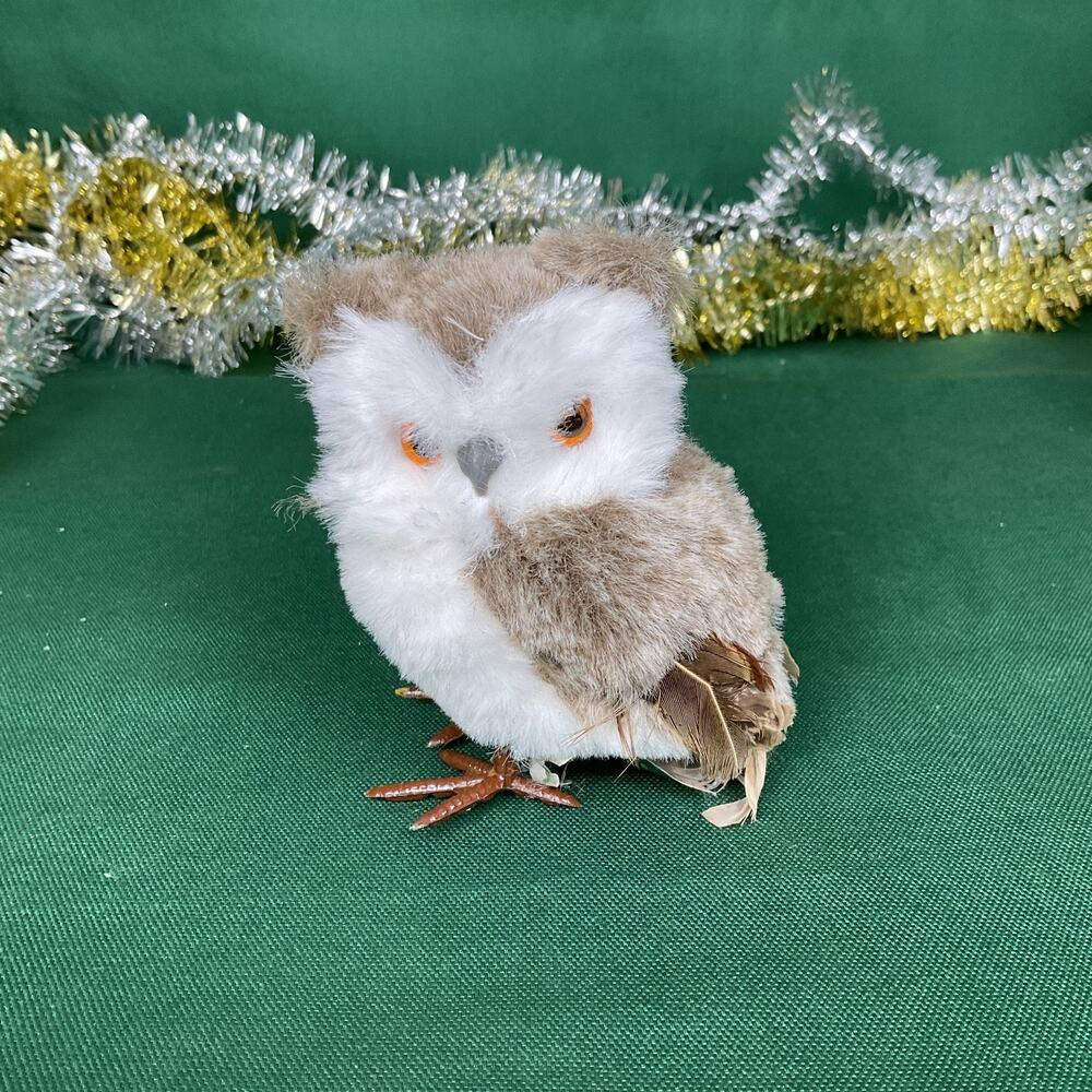 Christmas Owl Figurine Plush Faux Fur Feather Woodland Holiday Tiered Tray Decor